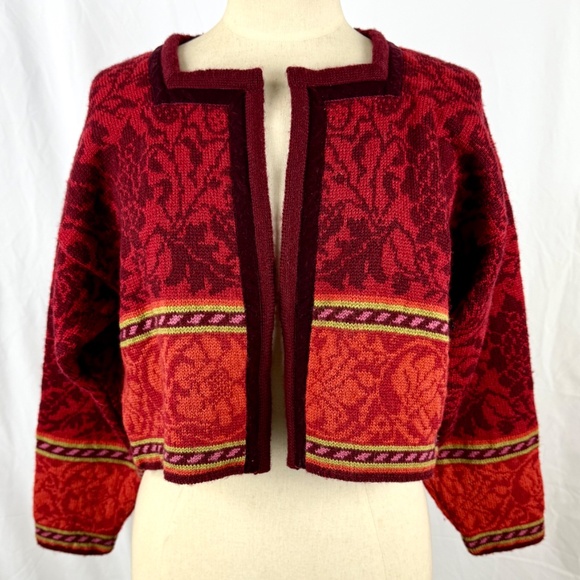 Oleana Norwegian Story Sweater M/L Red Orange Floral Wool Cropped Cardigan - Picture 12 of 13